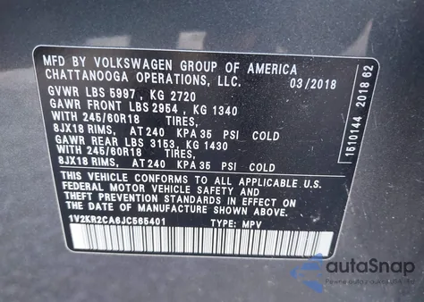 2018 Volkswagen Atlas 3.6L V6 Se from USA, damaged, VIN 1V2KR2CA6JC565401